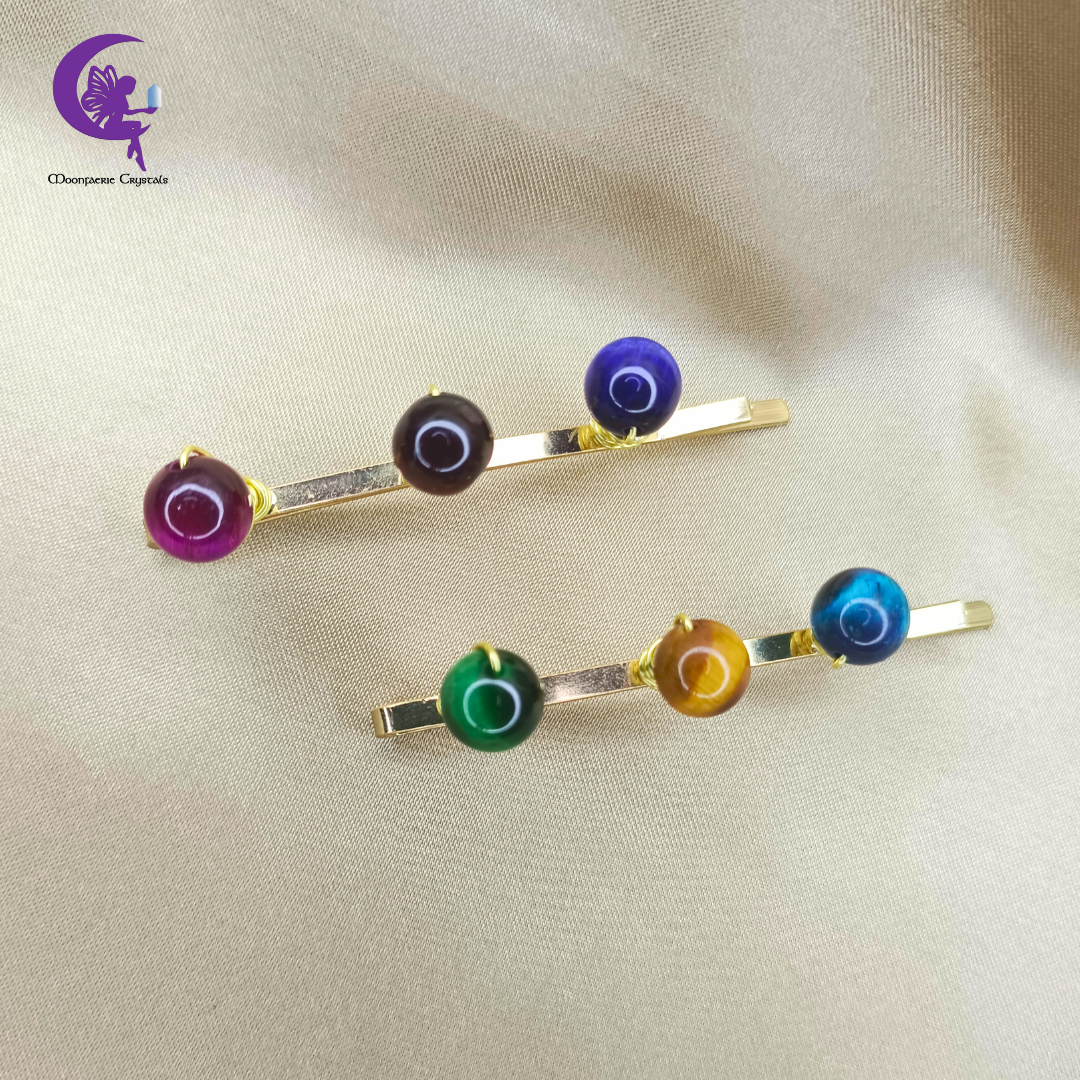 Colorful Tiger's Eye Gemstone Beads Light Gold Hair Pins: Premium High-Vibrational Hair Accessories