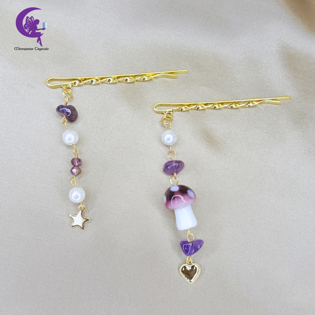 Twinkling Fairy Mushroom Gemstone Hair Pins - Amethyst