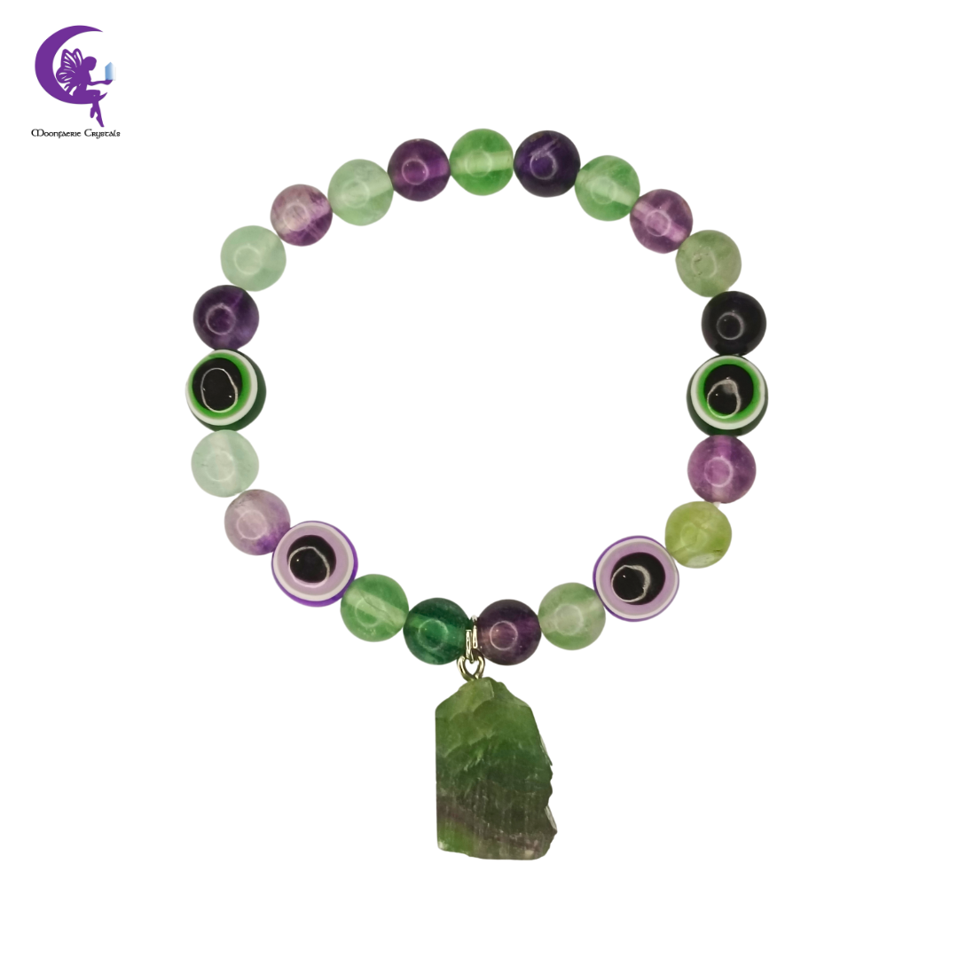 Rainbow Fluorite Evil Eye Bracelet with Raw Fluorite Crystal Charm