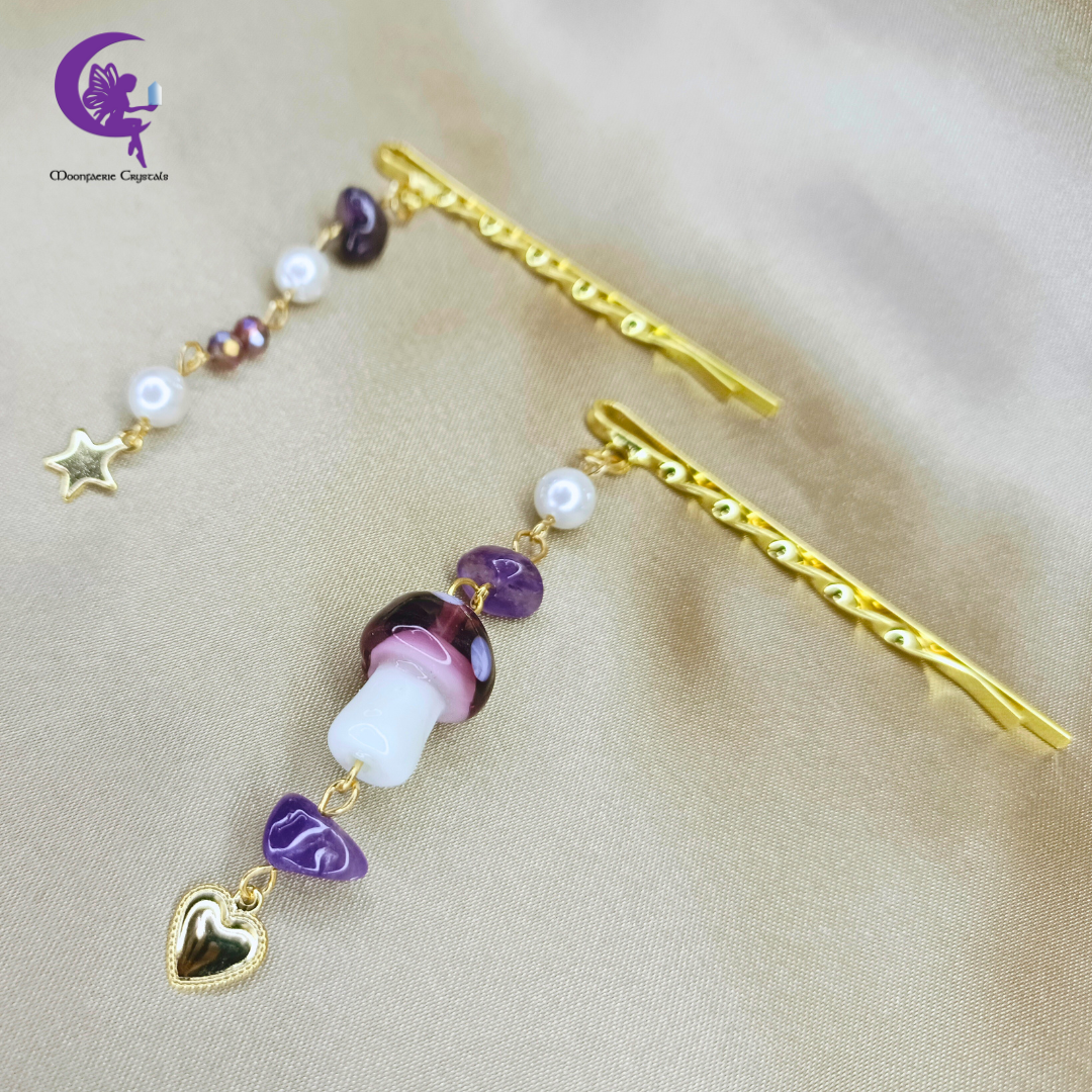 Twinkling Fairy Mushroom Gemstone Hair Pins - Amethyst