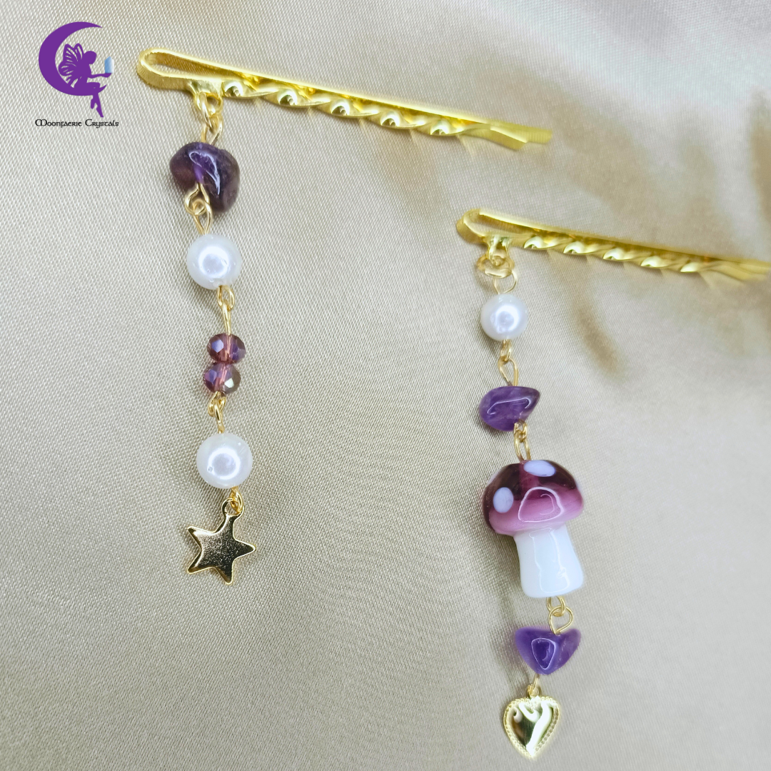 Twinkling Fairy Mushroom Gemstone Hair Pins - Amethyst