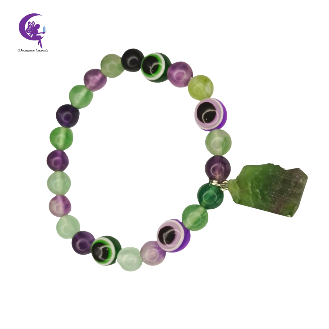 Rainbow Fluorite Evil Eye Bracelet with Raw Fluorite Crystal Charm