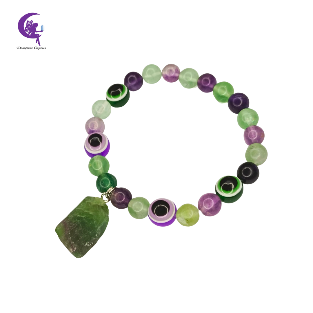 Rainbow Fluorite Evil Eye Bracelet with Raw Fluorite Crystal Charm