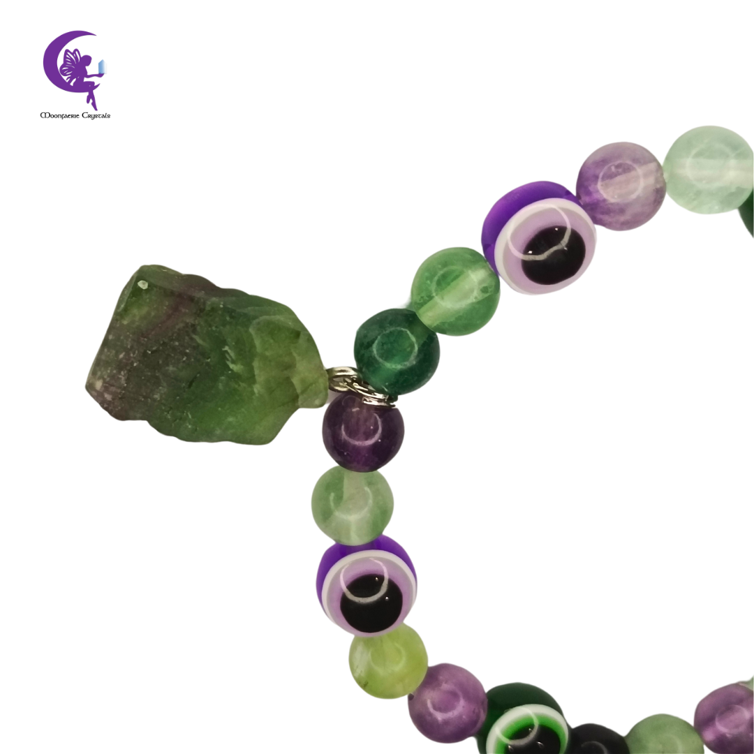 Rainbow Fluorite Evil Eye Bracelet with Raw Fluorite Crystal Charm