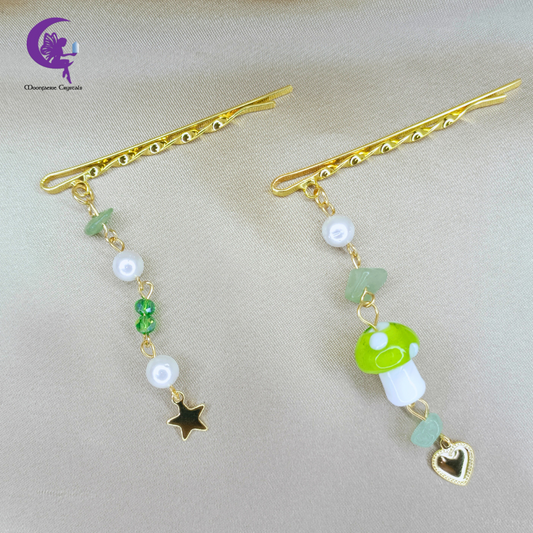 Twinkling Fairy Mushroom Gemstone Hair Pins - Green Aventurine