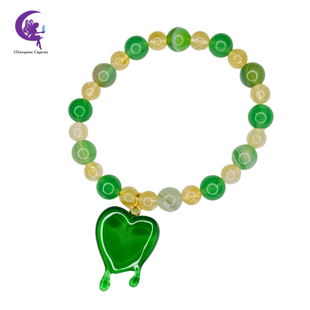 Sunlit Forest - Citrine & Green Agate Green Heart Drip Bracelet - Pre-order