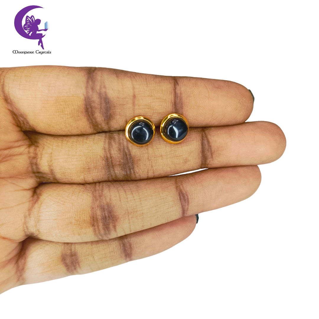 Golden Dawn Half Round Black Obsidian Stud Earrings