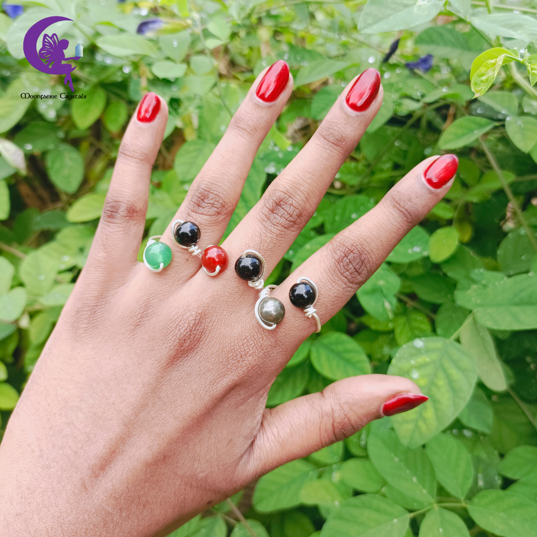 Cosmic Sphere Gemstone Ring Collection - Black Obsidian , Green Aventurine , Carnelian & Pyrite