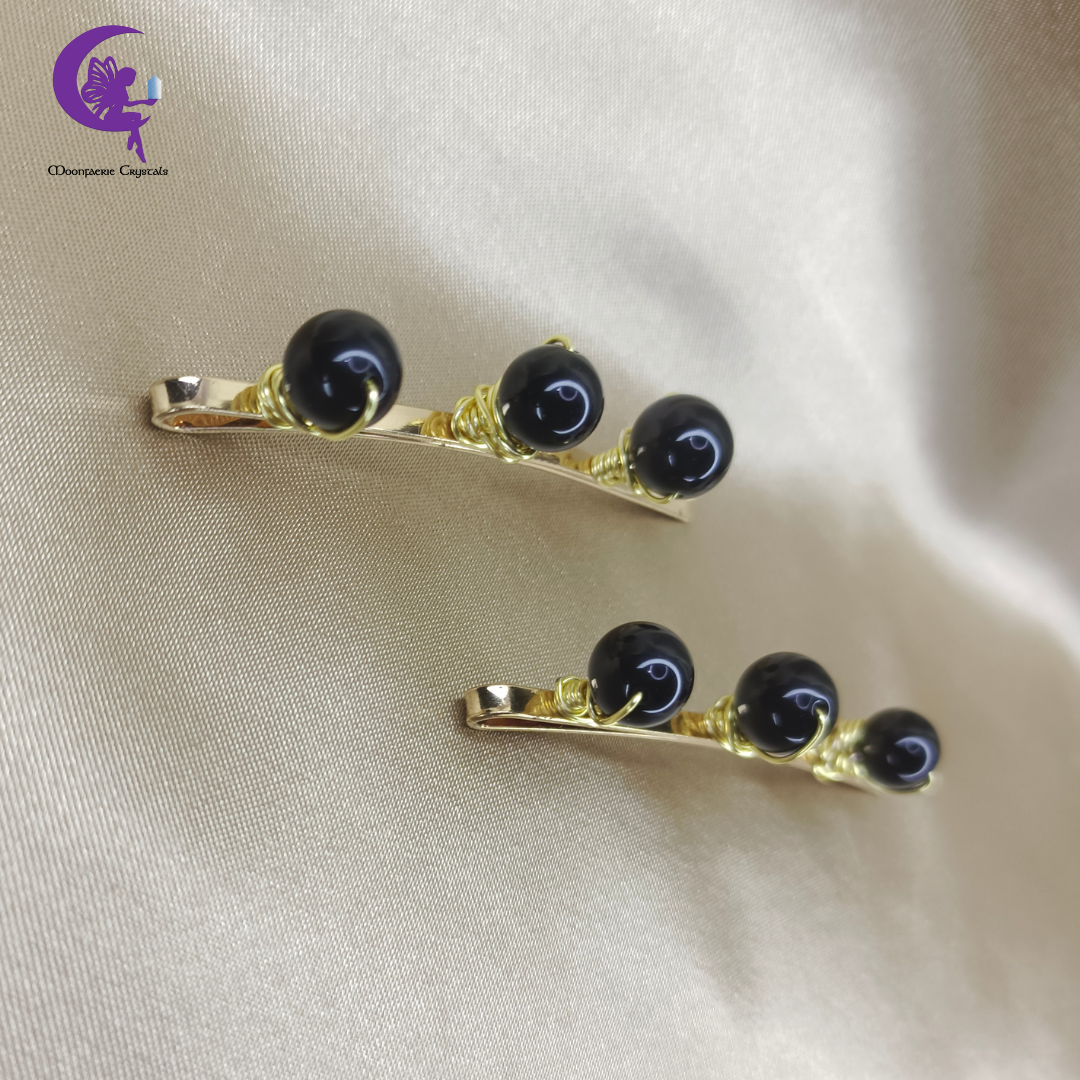 Black Obsidian Gemstone Beads Light Gold Hair Pins: Premium High-Vibrational Hair Accessories