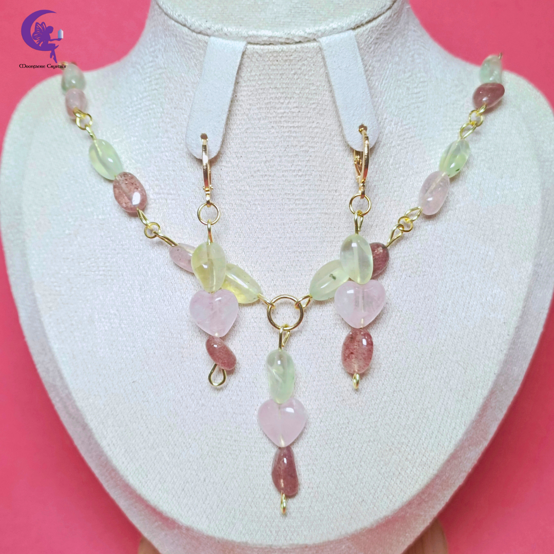 Heart of Serenity: Blossoming Love & Healing Jewelry Set - Rose Quartz, Strawberry Quartz & Prehnite