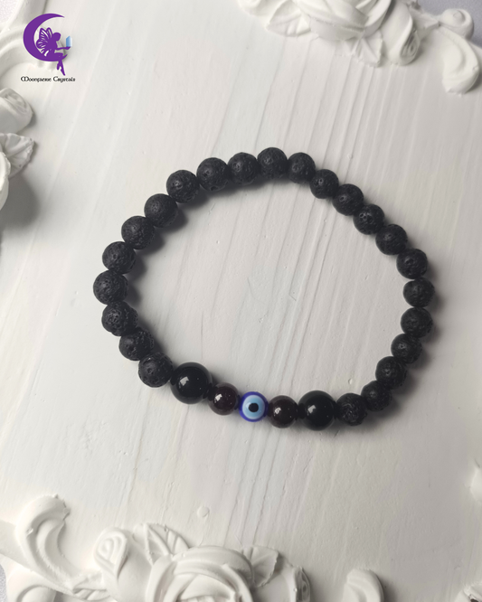 Molten Core Anchor Bracelet- Lava Rock, Black Obsidian, Garnet & Evil Eye
