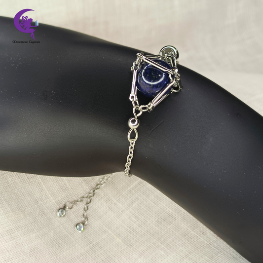 Adjustable Macrame Brass Pouch Lapis Lazuli Crystal Ball Bracelet