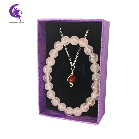 Filled with Love, Fueled by Fire - Faceted Rose Quartz Bracelet & Faceted Carnelian Necklace Jewelry Set