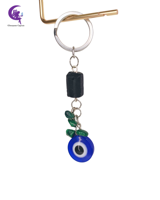 Tri-Stone Guardian Keyring - Black Tourmaline, Malachite & Evil Eye