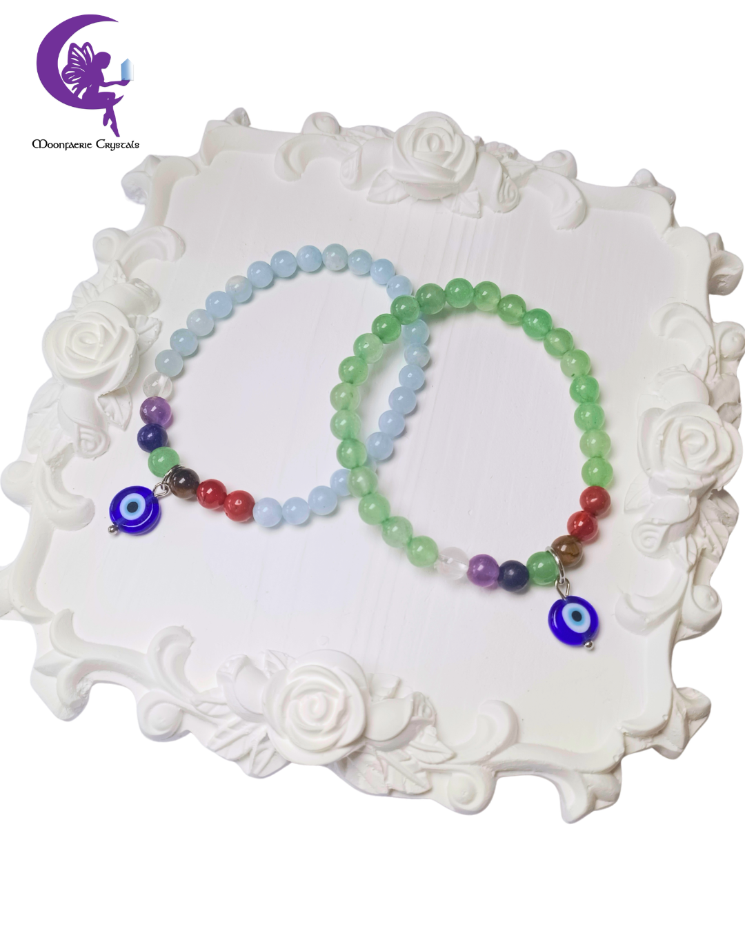 7 Chakra Evil Eye Bracelet: Aquamarine & Green Aventurine Protection Series