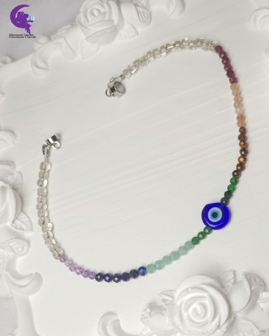 Evil Eye 7 Chakra Sparkly Anklet 🧿-Natural Tiger Eye, Amethyst, Amazonite, Lapis Lazuli, Sunstone, Ruby & Fuchsite