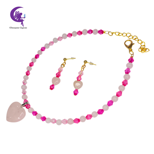 Fairy Glow Ombre Heart Choker Jewelry Set Collection  – Rose Quartz & Green Aventurine