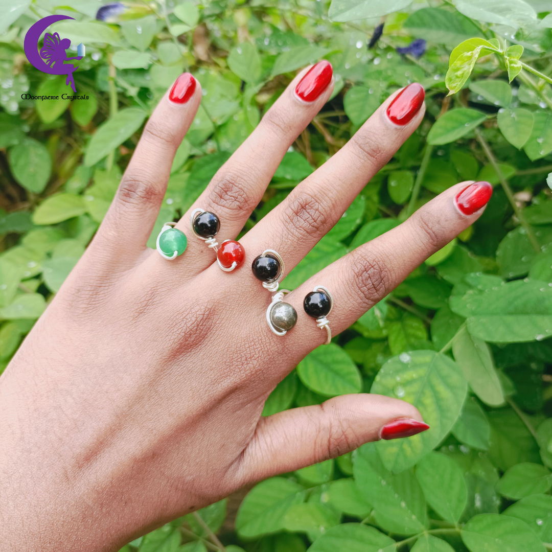 Cosmic Sphere Gemstone Ring Collection - Black Obsidian , Green Aventurine , Carnelian & Pyrite