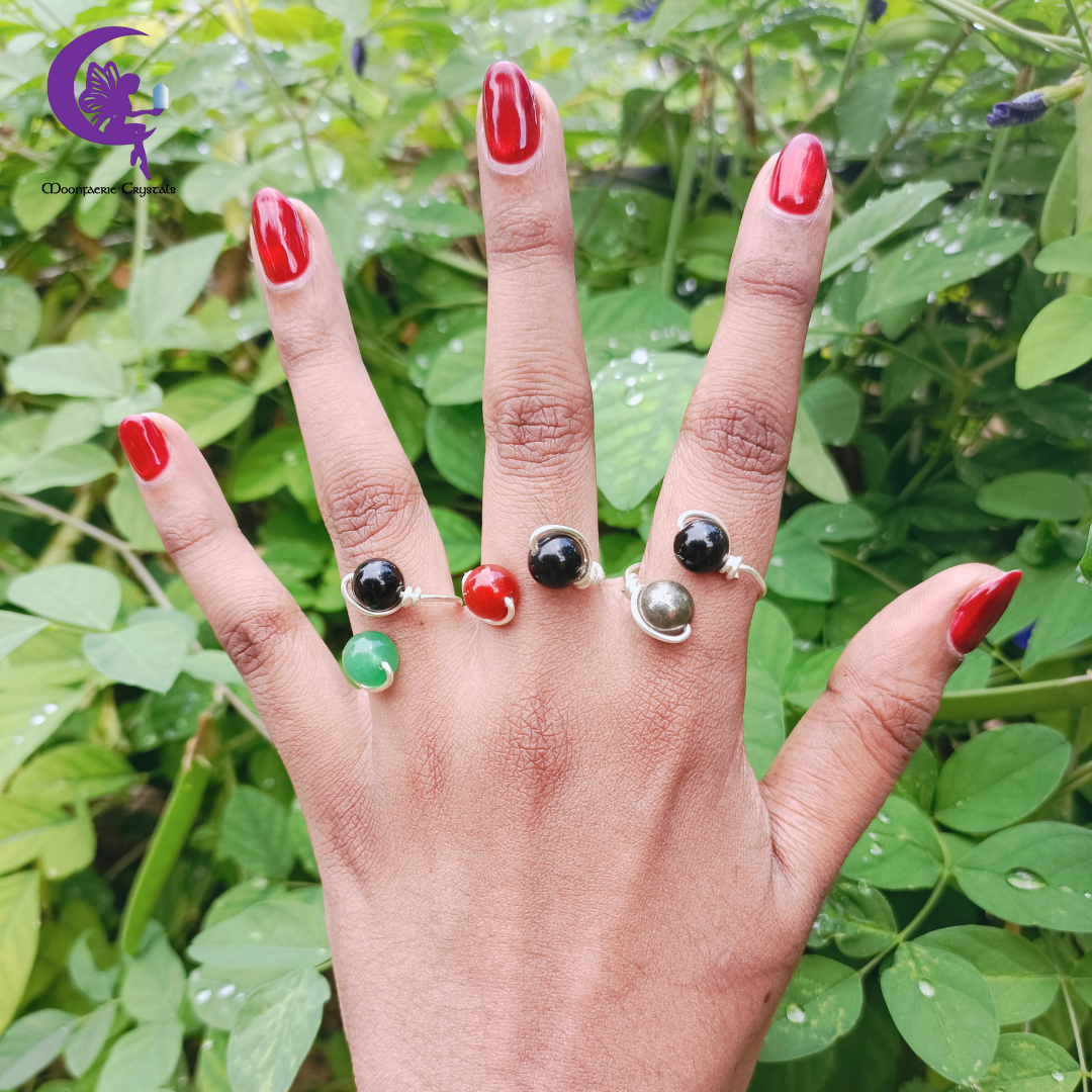 Cosmic Sphere Gemstone Ring Collection - Black Obsidian , Green Aventurine , Carnelian & Pyrite