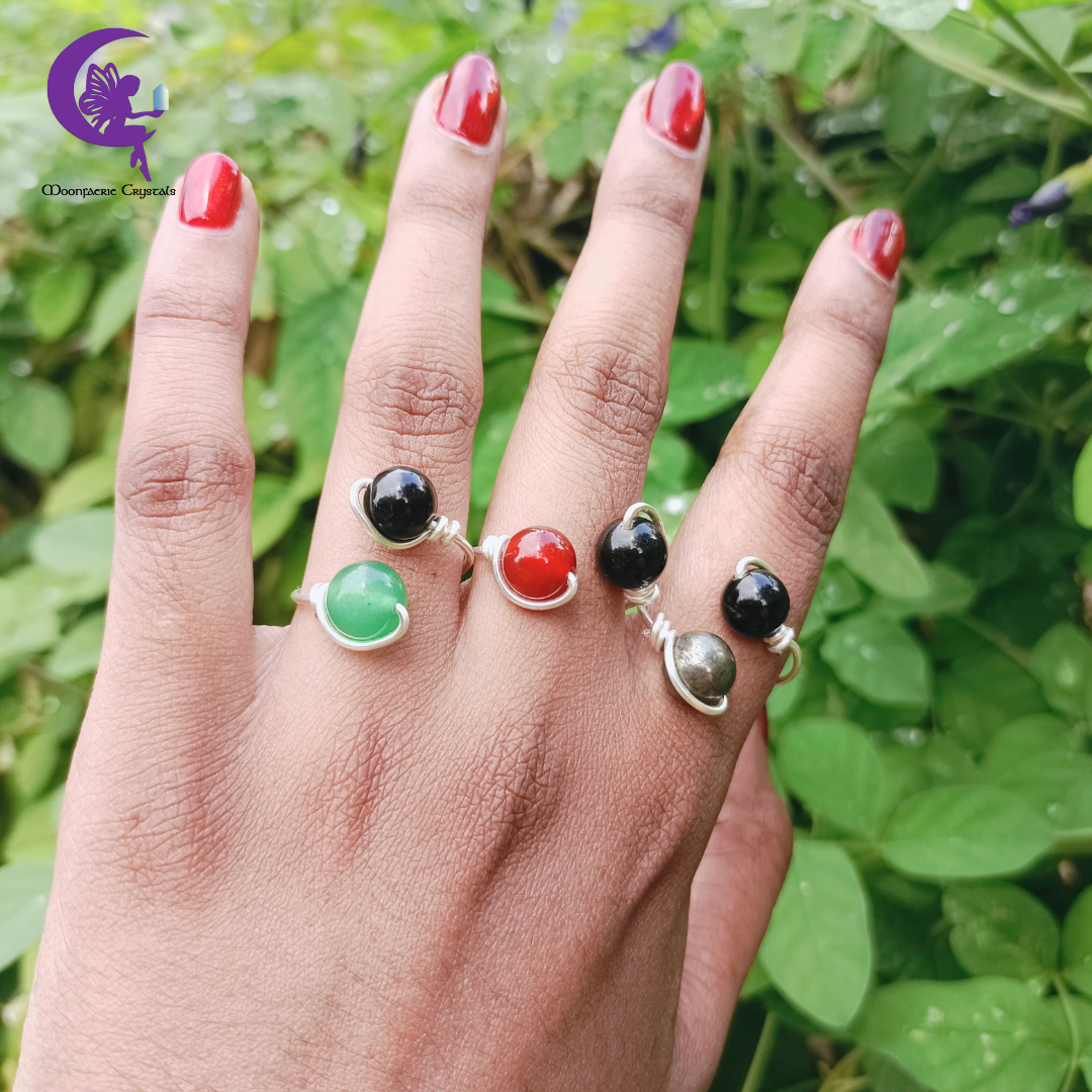 Cosmic Sphere Gemstone Ring Collection - Black Obsidian , Green Aventurine , Carnelian & Pyrite