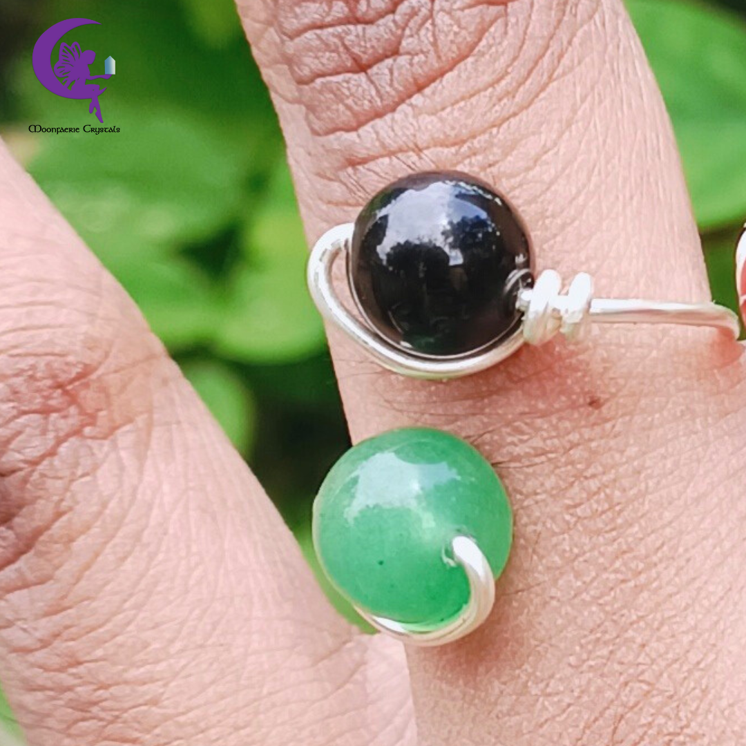 Cosmic Sphere Gemstone Ring Collection - Black Obsidian , Green Aventurine , Carnelian & Pyrite