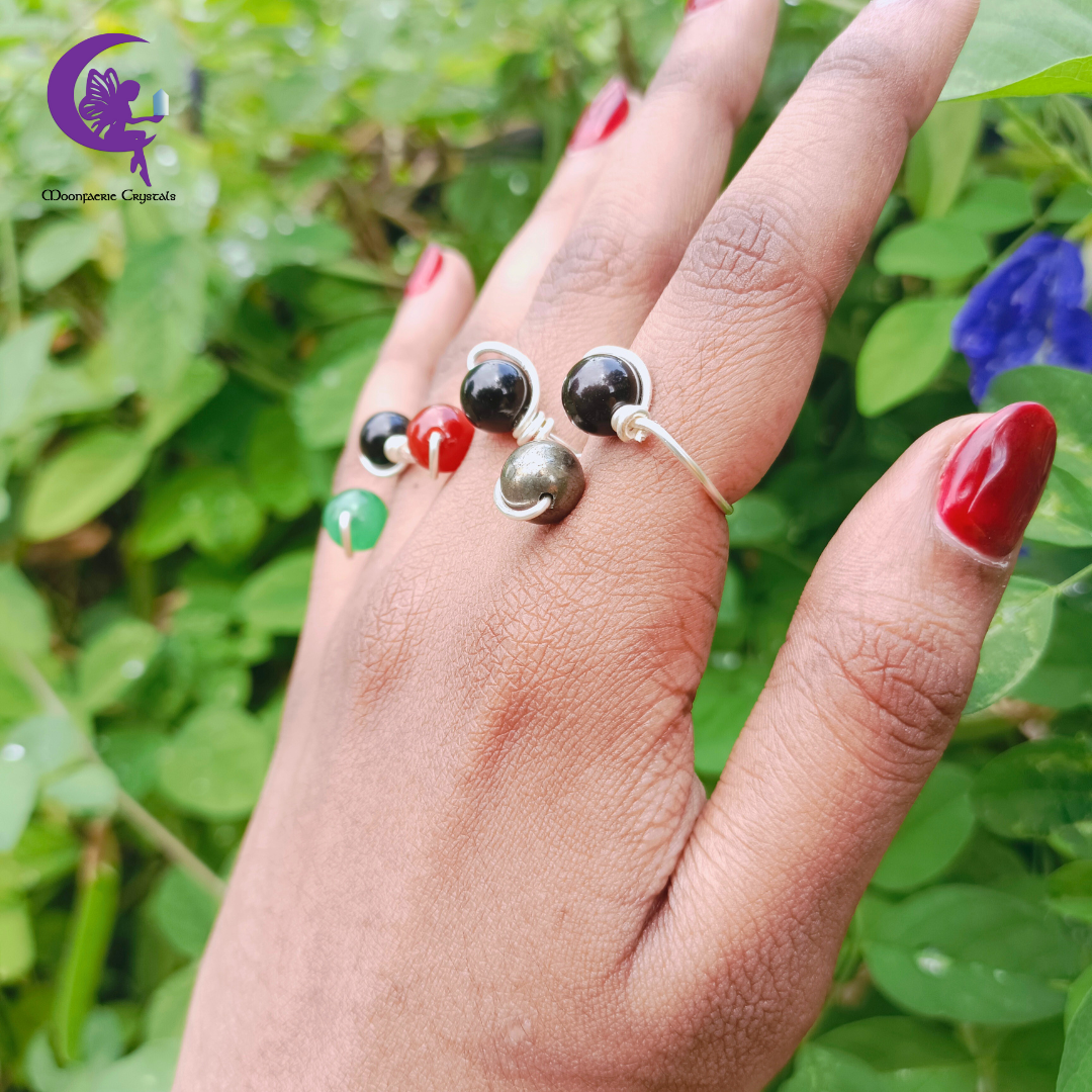 Cosmic Sphere Gemstone Ring Collection - Black Obsidian , Green Aventurine , Carnelian & Pyrite