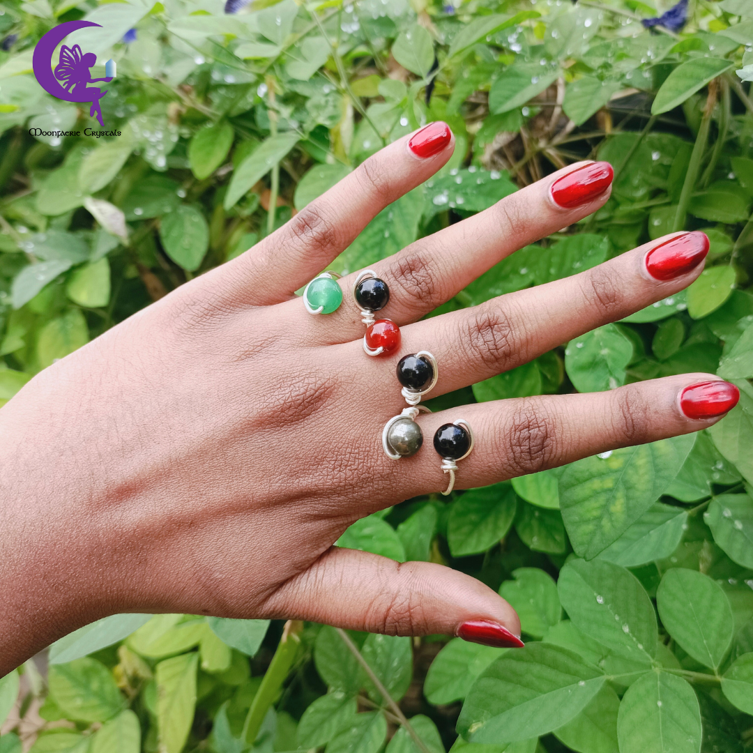 Cosmic Sphere Gemstone Ring Collection - Black Obsidian , Green Aventurine , Carnelian & Pyrite