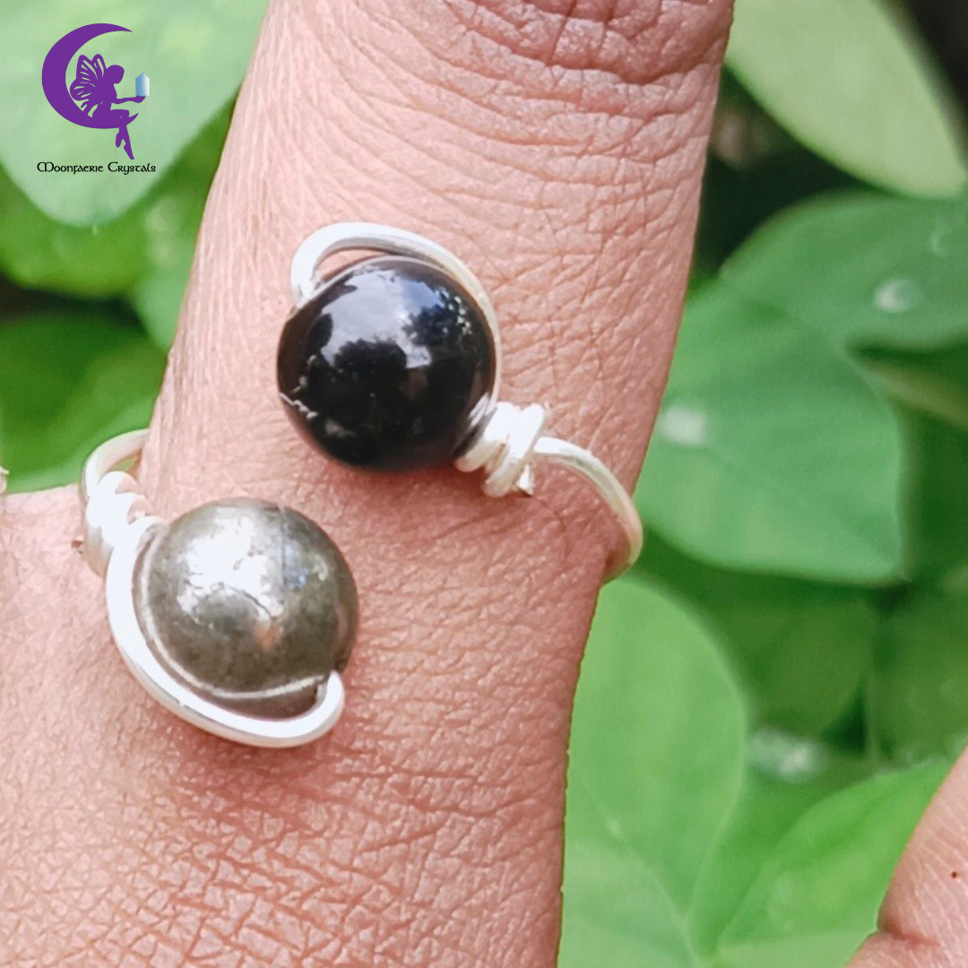 Cosmic Sphere Gemstone Ring Collection - Black Obsidian , Green Aventurine , Carnelian & Pyrite