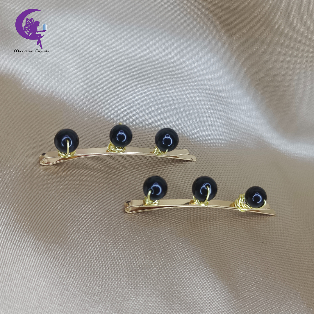 Black Obsidian Gemstone Beads Light Gold Hair Pins: Premium High-Vibrational Hair Accessories