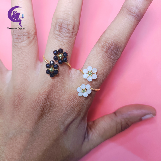 Yin & Yang Flower Rings Set 🌸 - Moonstone & Black Spinel