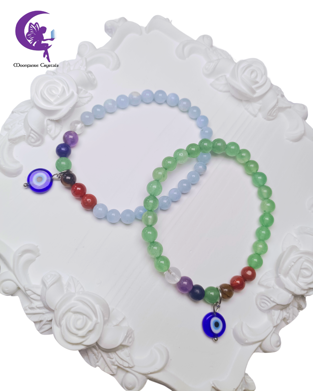 7 Chakra Evil Eye Bracelet: Aquamarine & Green Aventurine Protection Series