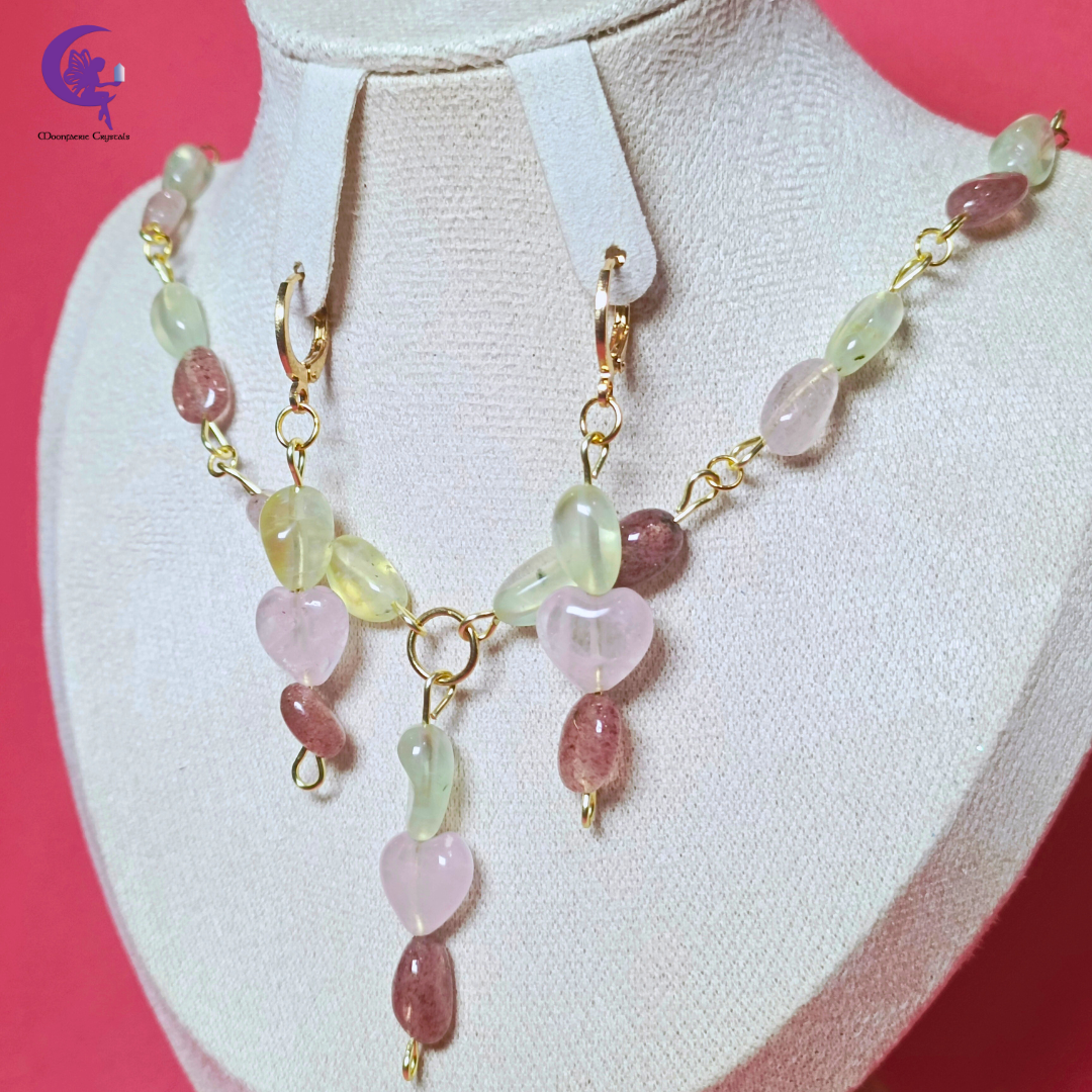 Heart of Serenity: Blossoming Love & Healing Jewelry Set - Rose Quartz, Strawberry Quartz & Prehnite