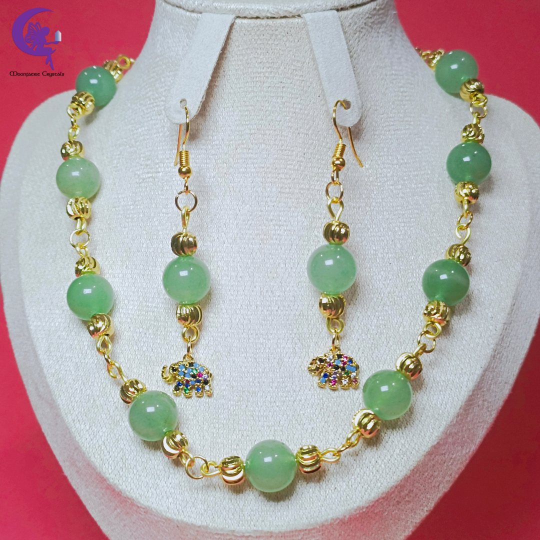 Green Aventurine Fortune Elephant Jewelry Set