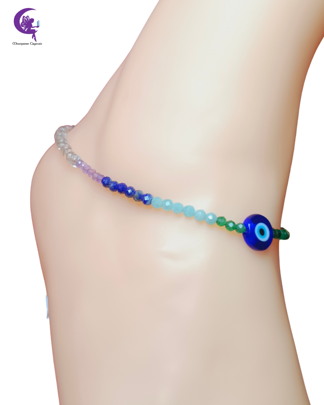 Evil Eye 7 Chakra Sparkly Anklet 🧿-Natural Tiger Eye, Amethyst, Amazonite, Lapis Lazuli, Sunstone, Ruby & Fuchsite