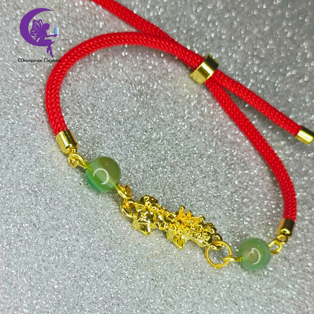 Sacred Thread of Abundance: Red - Pi Xiu Bracelet featuring Green Agate