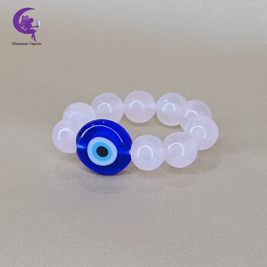 Evil Eye Rose Quartz Beaded Ring – Protection, Love & Emotional Healing
