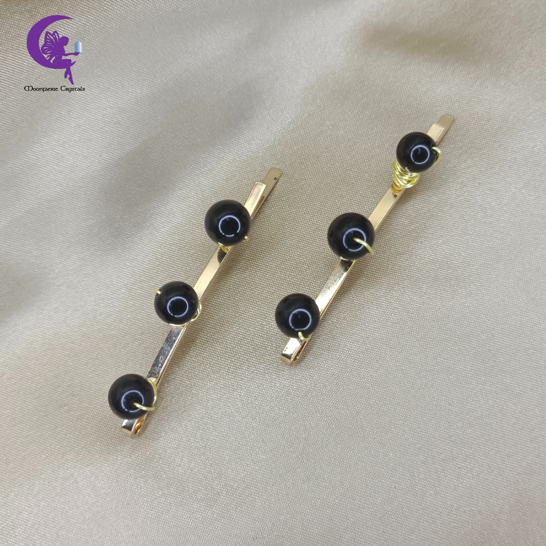 Black Obsidian Gemstone Beads Light Gold Hair Pins: Premium High-Vibrational Hair Accessories