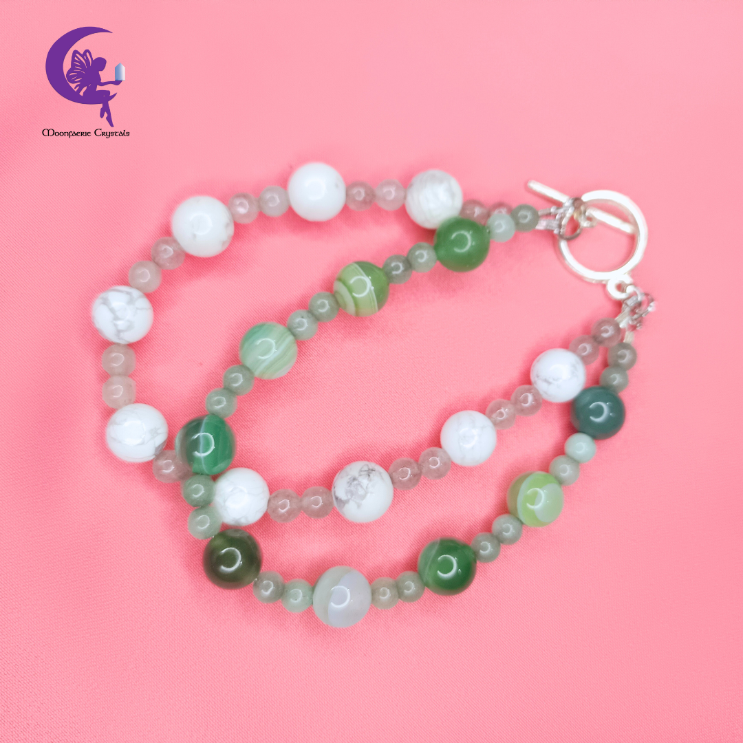 Snow Mountain & Tranquil Forest Duo Bracelet - Howlite & Green Agate