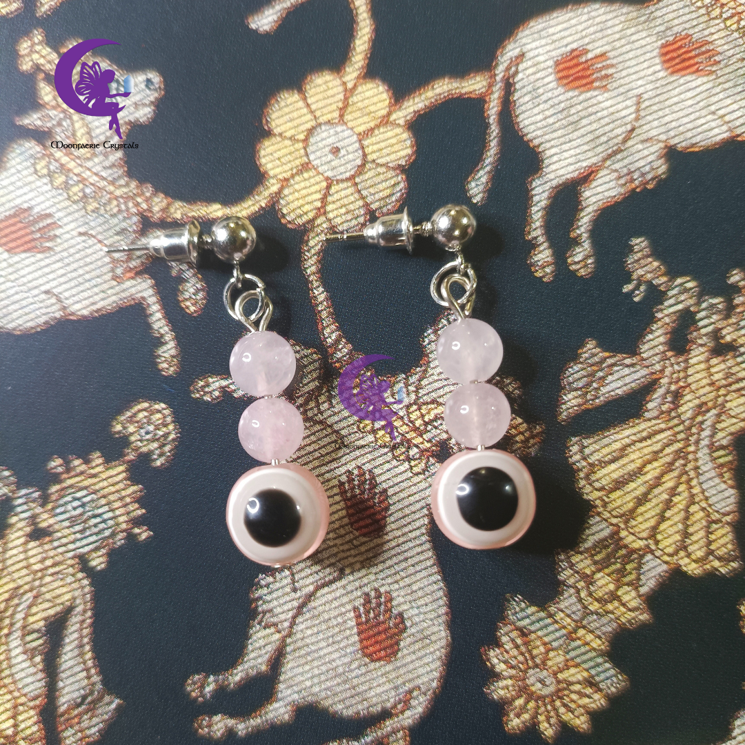 Rose Quartz + Pink Evil Eye Earrings