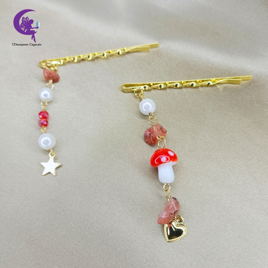 Twinkling Fairy Mushroom Gemstone Hair Pins - Carnelian