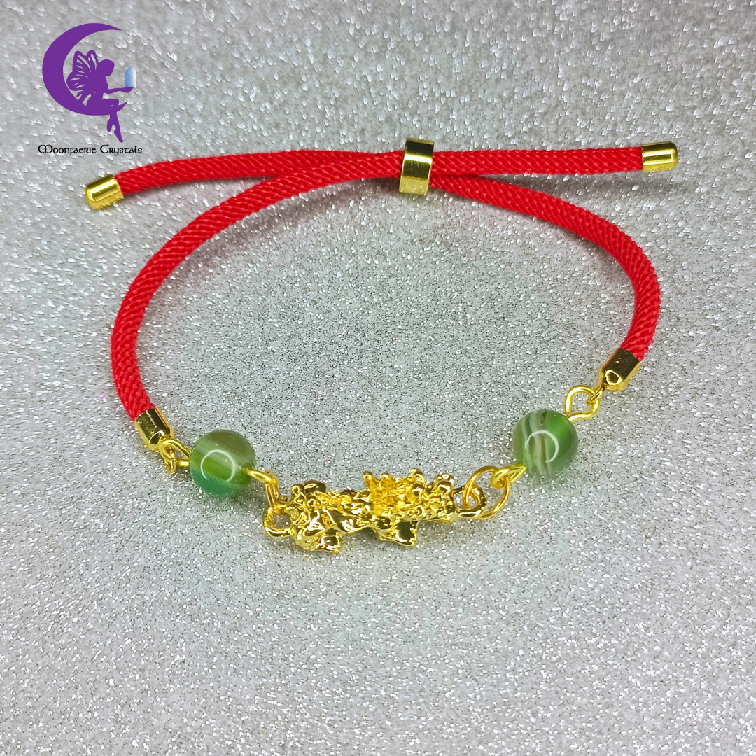 Sacred Thread of Abundance: Red - Pi Xiu Bracelet featuring Green Agate