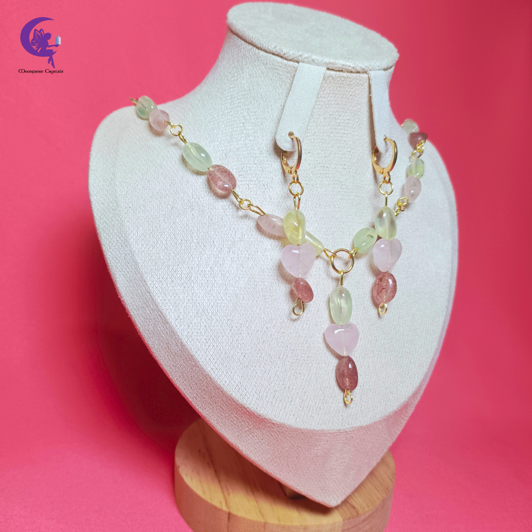 Heart of Serenity: Blossoming Love & Healing Jewelry Set - Rose Quartz, Strawberry Quartz & Prehnite