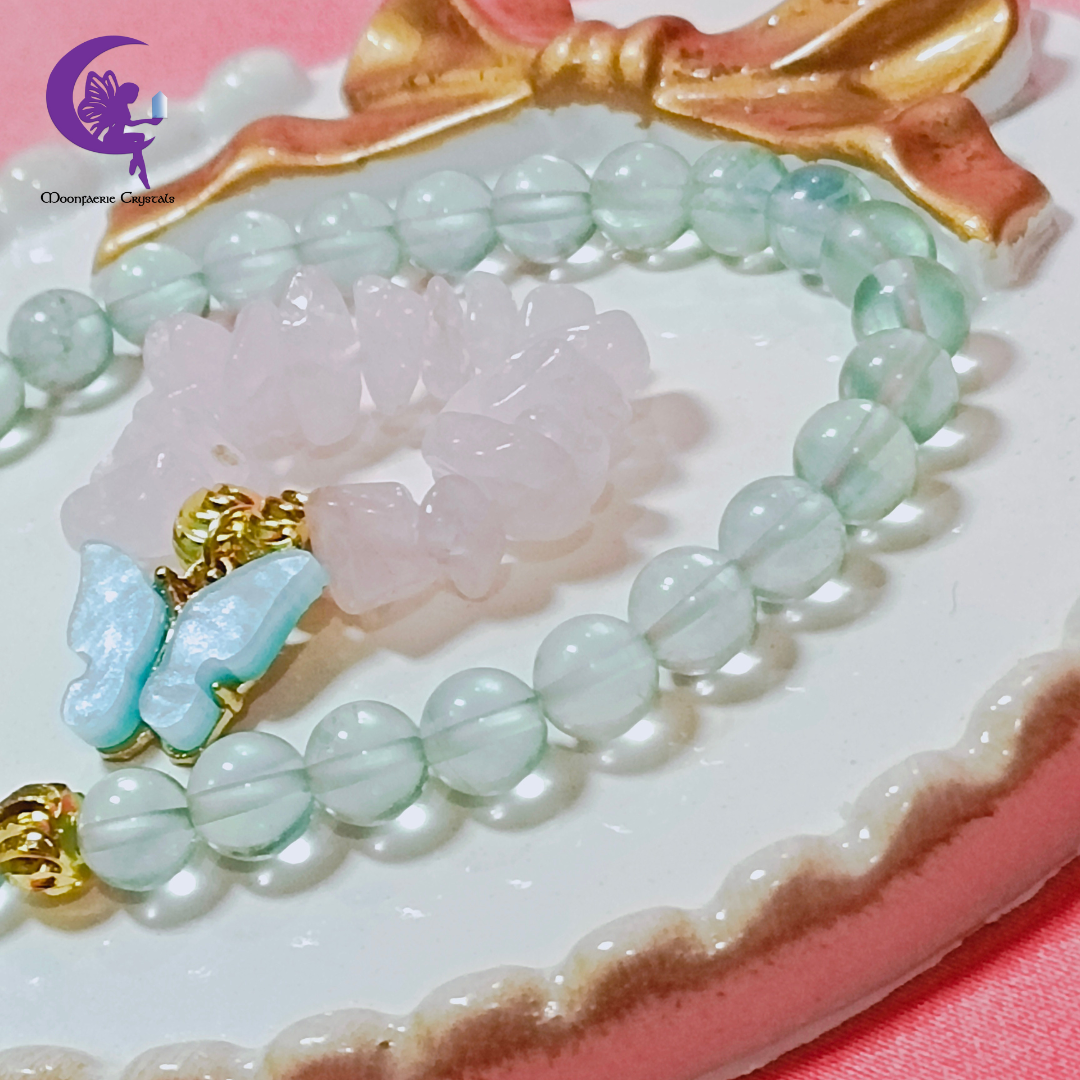 Avalon's Butterfly Haven of Healing Crystals – Blue Fluorite Bracelet & Rose Quartz Ring