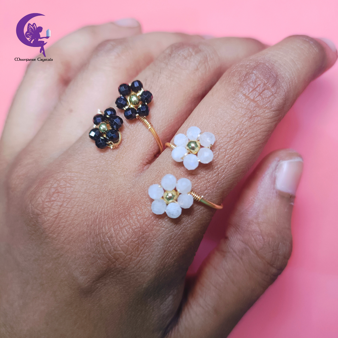 Yin & Yang Flower Rings Set 🌸 - Moonstone & Black Spinel