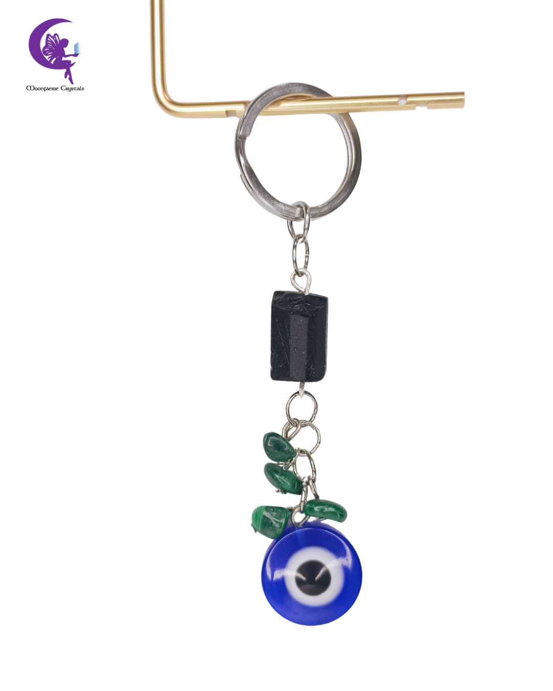 Tri-Stone Guardian Keyring - Black Tourmaline, Malachite & Evil Eye