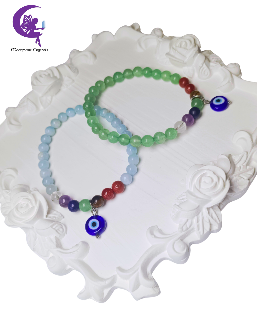 7 Chakra Evil Eye Bracelet: Aquamarine & Green Aventurine Protection Series