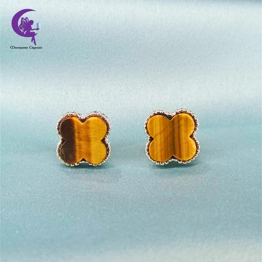 Four Leaf Clover Tiger’s Eye Stud Earrings