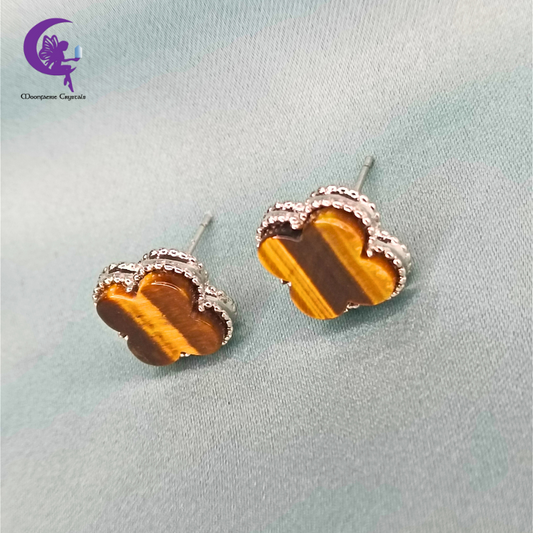 Four Leaf Clover Tiger’s Eye Stud Earrings