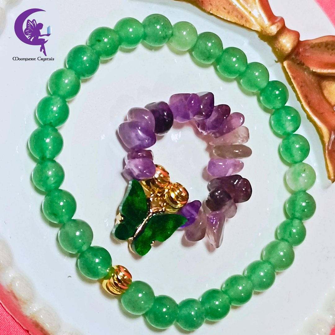 Avalon's Butterfly Haven of Healing Crystals – Green Aventurine Bracelet & Amethyst Ring