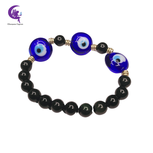 Black Obsidian Triple Lampwork Evil Eye Protection Bracelet